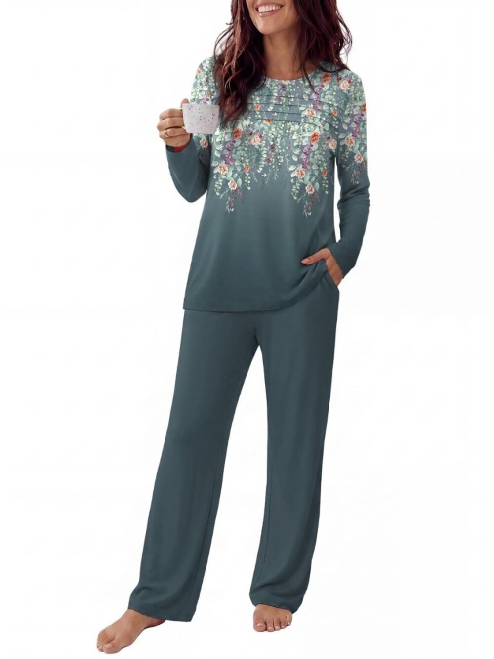 Womens Pajama Sets Pleated Tops with Long Sleeve Fall Lounge Set